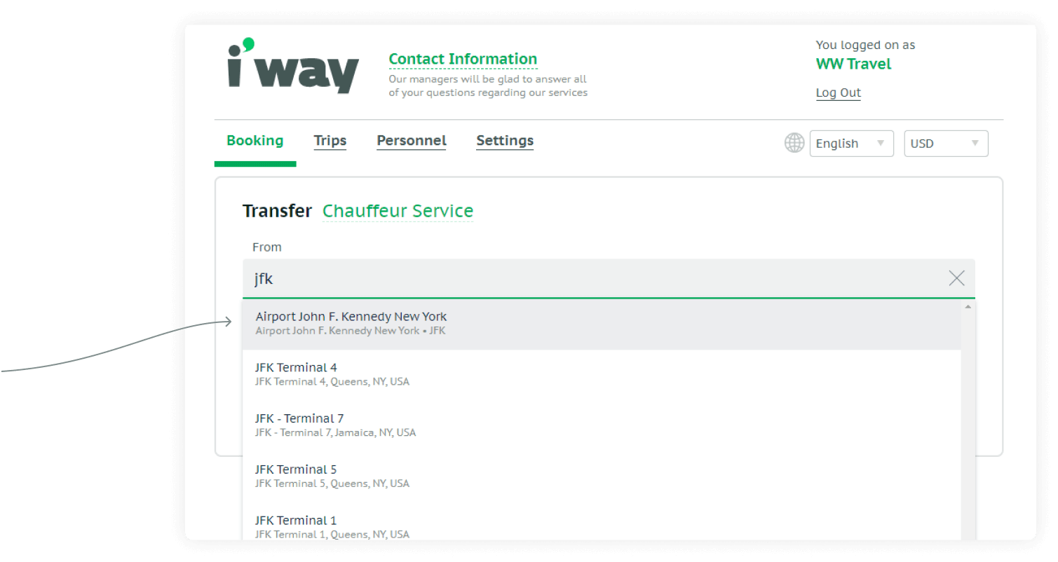 Screenshot of the i'way website with a search form for route addresses and a list of car classes with the calculated cost of the trip